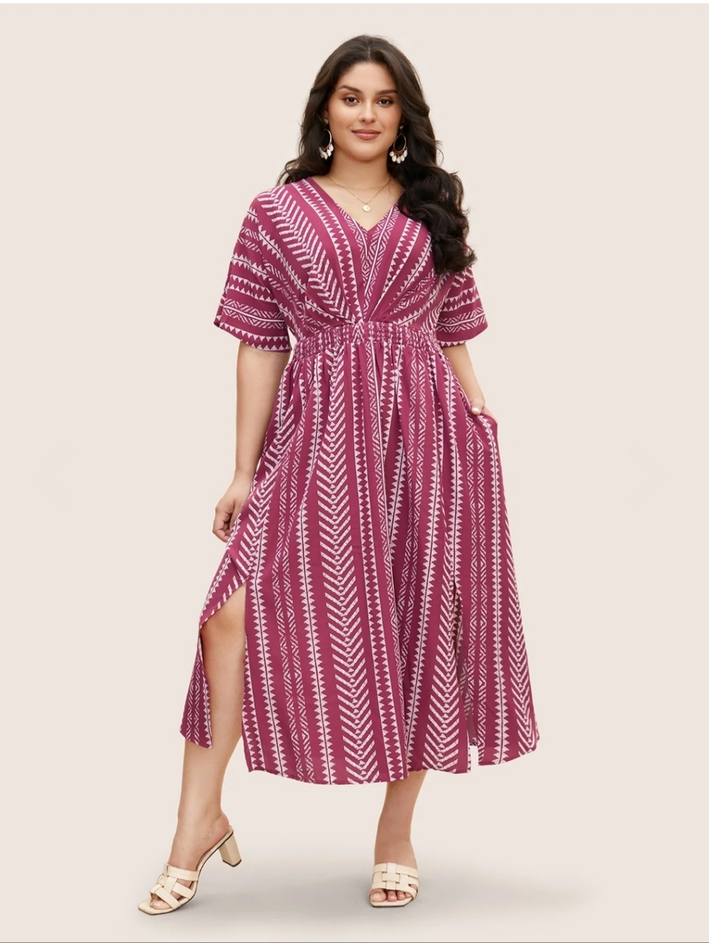 BloomChic Burgundy and Cream Geometric Wrap-Style Maxi Dress